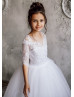 Elbow Sleeve White Lace Tulle Flower Girl Dress